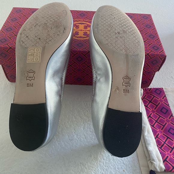 EUC Tory Burch Liana Round Toe Rhinestone Logo Metallic Leather Ballet Flats - Picture 10 of 12